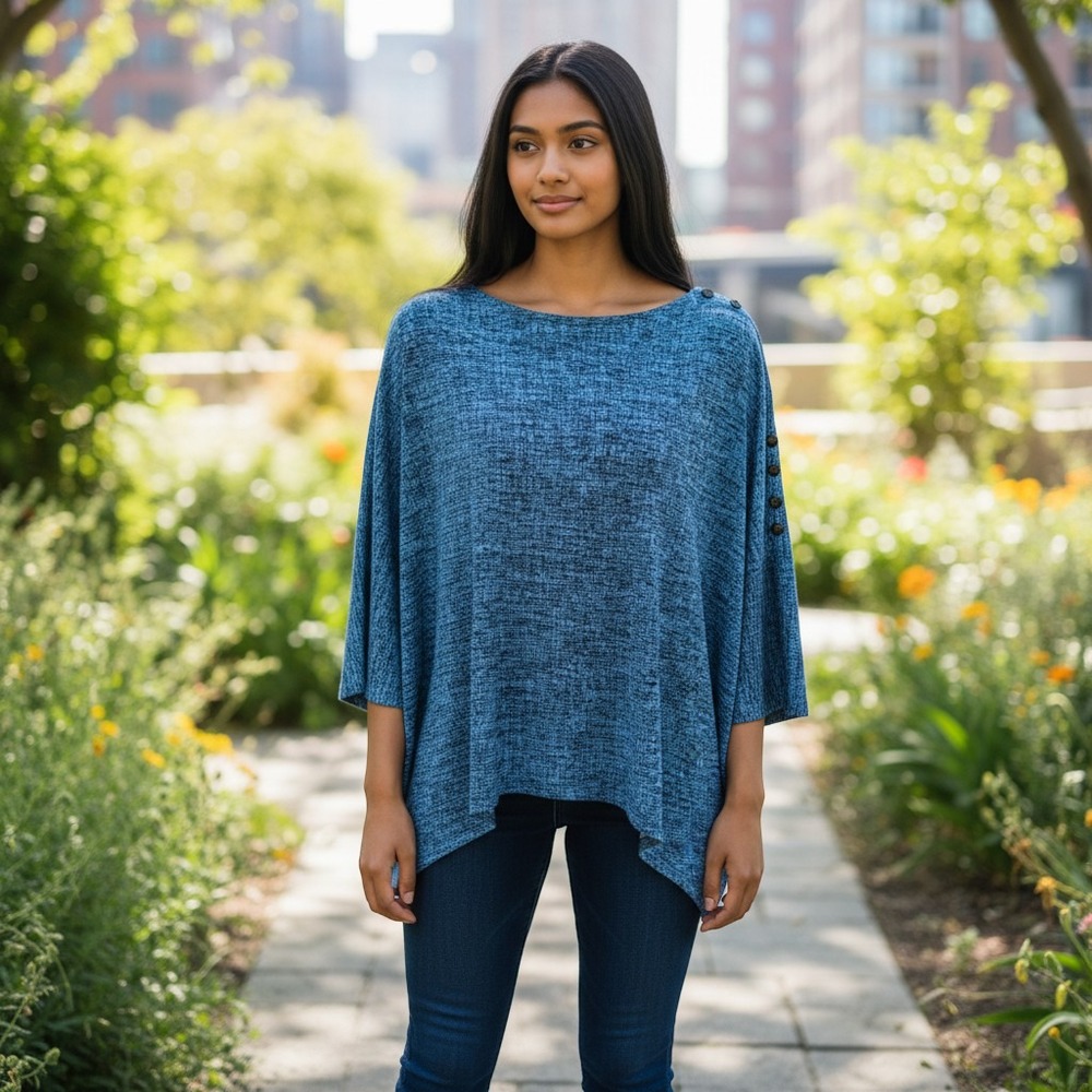 Clara Sunwoo Tunic Top Womens XS Blue Crosshatch Button‎ Sleeve Boat Neck